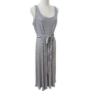 Loft Women's Large White Navy Blue Striped Nautical Soft Flowy Maxi Belted Dress